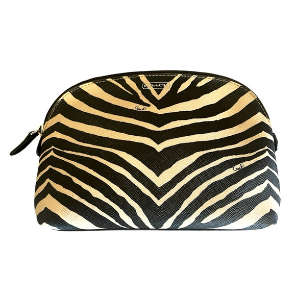 COACH Women's Black Tan Zebra Print Coated Canvas Case Zip Cosmetic Bag F50658 - Picture 1 of 8